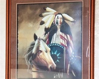 Very large Native American on horse cloaked in an American flag Art. This is stunning!