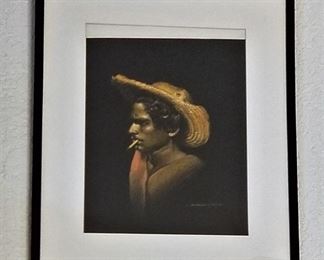 Man smoking in an art portrait done in the 1950's.