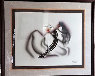 This is a beautiful  piece of artwork done by Robert Redbird. Robert Redbird Sr. (July 22, 1939 – March 5, 2016) was a Native American artist who painted in order to preserve and communicate the Kiowa culture.[2] He is known primarily for his blanket-wrapped Southern Plains figures and depiction of Kiowa folklore. Redbird worked in several media but is most well known for having accomplished his works with an airbrush. Oklahoma Governor Brad Henry declared June 7, 2003, as "Robert Redbird Day" to celebrate the artist's many creative and humanitarian achievements