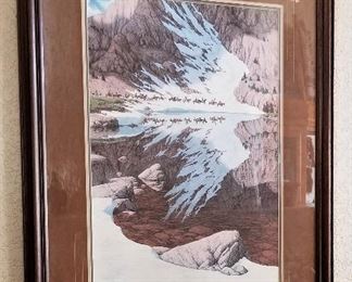 Large Bev Dolittle art with a reflection of a white snow eagle signed and numbered.