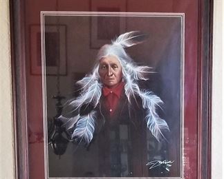 Another fabulous piece of southwest art depicting a Native American. It is so cool as you see the elder's hair painted as feathers. The colors are wonderful.