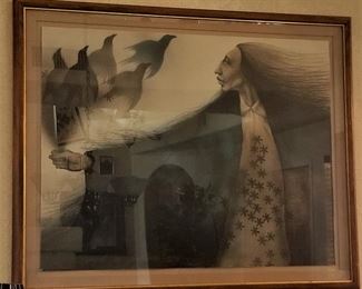 This is  spectacular! Very large art of a Native American in wonderful almost nostalgic subdued colors. A must see in person!