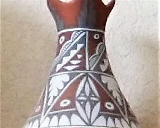 Native American pottery in black and white.