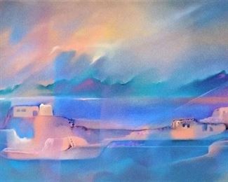 Beautiful blues canvas art depicting pueblos and mountains.
