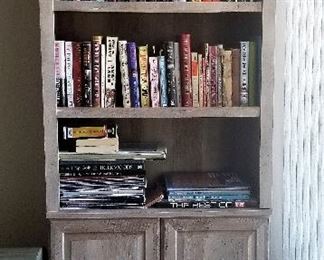 Wood distressed gray bookcase with storage. 