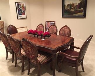 Schnadig Dining Table/8 Chairs. 103" long, 44" wide (including two leaves).