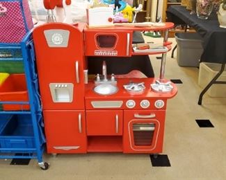ABSOLUTELY ADORABLE kitchen! Also have pretend food, dishes, appliances, and look at this organizational bin cart!