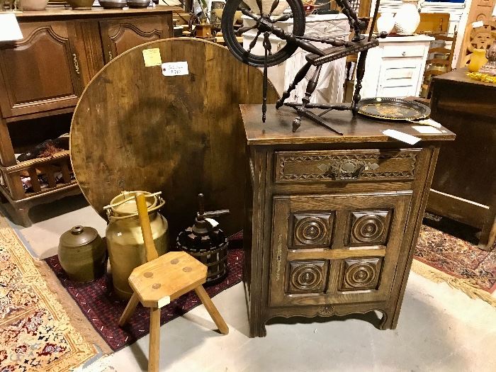 French tilt wine table & carved jelly cabinet