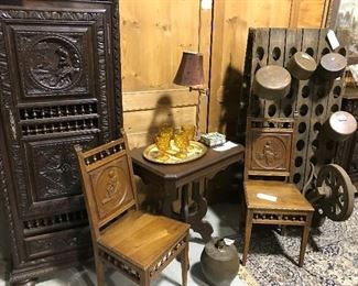 French Breton cabinet & pair of chairs, wine riddling rack, copper pots