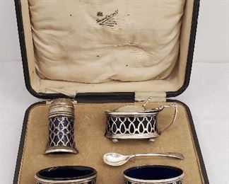 antique sterling silver and cobalt boxed salt set