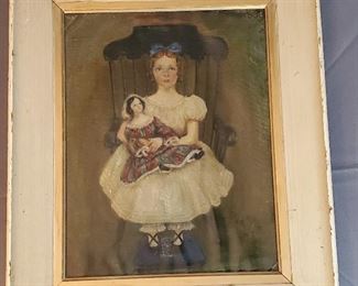 antique 1940's oil painting, girl with china doll