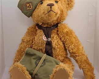 Antique Boy Scout hat, pouch and pin on 24" Vintage Steiff Boy Scout Teddy Bear Toy