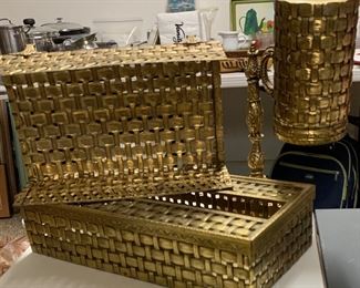 Hollywood Regency Gold Weaved Metal Wastebaskets Bathroom Decor Mason Stylebuilt Trash Can