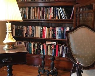 Antique furniture, brass lamp, books- first editions, rare & paperbacks. pair of antique cast iron adirons