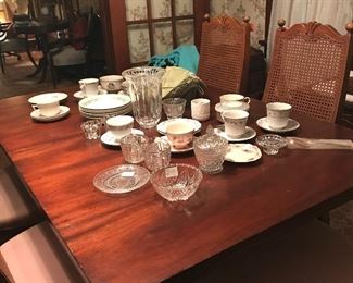 Antique dining table. Chairs. Various china, crystal, etc.