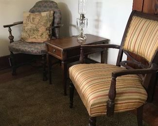 Antique chairs, antique tables,beautiful antique etched hurricane glass lamp (pr) with crystals.