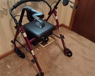Medline Steel Rollator Walker, Folding Rolling Walker, 6" Wheels, 350lb Weight Capacity, Burgundy Red Frame