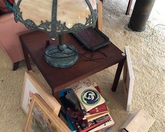 Slag glass lamp- Danish Modern Side table, Books, Slag glasss chandelier