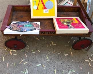 Antique wagon and The letter A, his record art, the sculptural holder for the 12 X 12 pieces. 