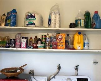 cleaning products and a charming red microwave oven
