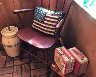 Red Wood Chair, Butter Churn, Vintage Lunch Boxes