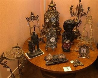 Brass Clocks, easels, Candelabra, Plant Stand, Statues, Fountain Pen Ink Wells