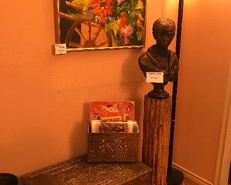 Art, Brass on Wood Firebox, Brass magazine holder, Bust on stand