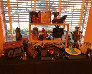 Trains, Cast iron piggy banks and mini stove, lunch boxes