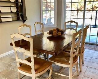 French Country kitchen table with iron base & 6 chairs 