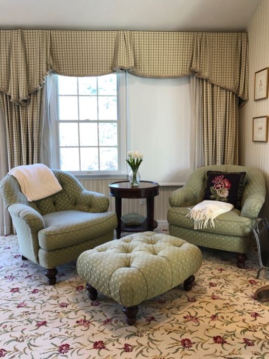 Lovely home furnishings throughout including this pair of sage green Club Chairs & ottoman