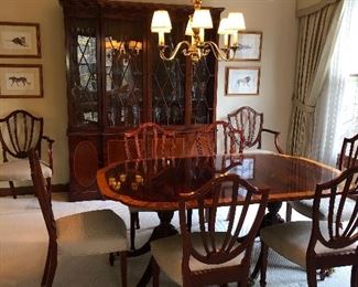 Baker Mahogany double-pedestal table (70" x 46") with 3 leaves (16" each) - pristine condition + table pads $4500; 8 Baker chairs - mahogany shield back style: 6 side and 2 arm - $4750, Baker china hutch (68" x 15" 83") - $4500