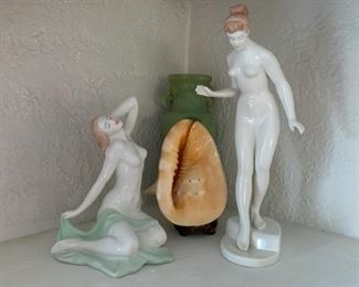 Excelent Hungarian Porcelain Nude Figurines; Conch Shell; Carved Vase in the Asian Style