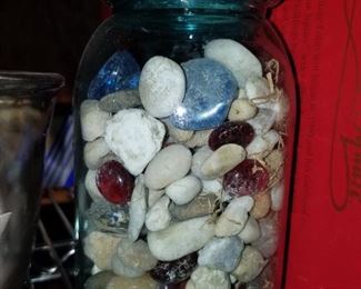 Blue glass jar, misc rocks $7