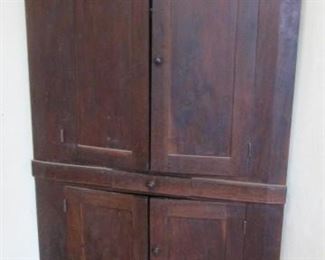 1850s Walnut corner cupboard, from the Thornton/Fox family of Jefferson County, Chestnut Hill area, good small size, just barely over 6 feet tall, unusually tall feet, small center drawer Old if not original finish. $1500.00