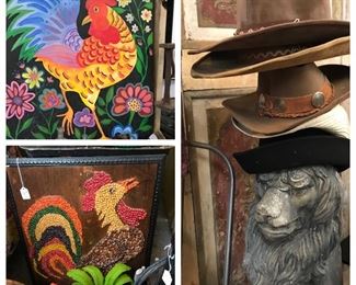 Vintage cowboy hats. Rooster art.  