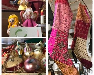 Lots and lots of vintage and MCM holiday items.   Christmas stockings made from reclaimed fabrics and lace. 