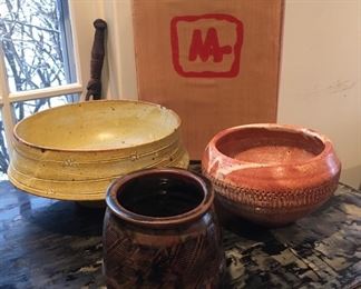 Autographed Warren MacKenzie Book, large Drop Rim Bowl, and 2 other Warren Mackenzie Pottery pieces
