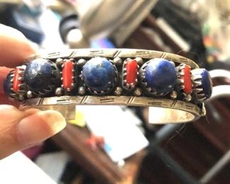 Native American coral and lapis bracelet heavy beautifully made!