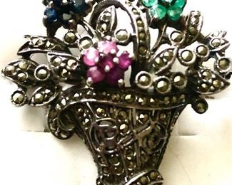 Real gemstones ruby and emerald in sterling vintage flower basket brooch