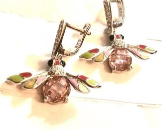 Adorable RARE PLIQUE A JOUR SEE THROUGH ENAMEL STERLING AND CUT PINK TOOAZ EARRINGS