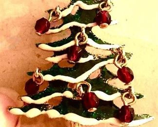 Hand made sterling silver enamel Christmas tree brooch- the tiny ornaments move!