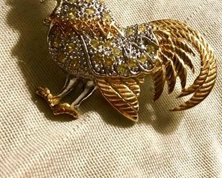 Sterling with gold overlay yellow sapphire rooster brooch