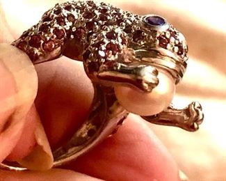 Ruby frog pearl sterling ring 