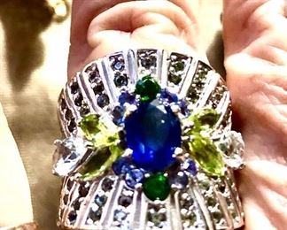 Kyanite peridot sapphire heavy sterling ring