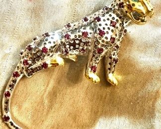 Gorgeous heavy sterling hand cast ruby accented leopard w emerald eyes almost 3” long