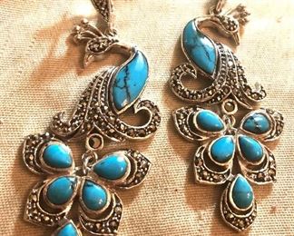 Turquoise sterling peacock earrings 