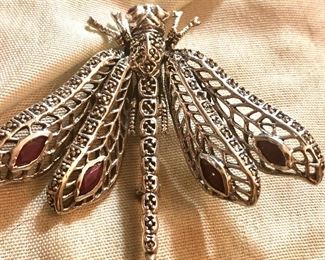 Large sterling dragon fly brooch garnet and marcasite