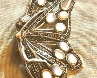 Mother of pearl marcasite winged fairy brooch large
