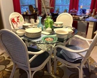 Rattan and glass top dining table & 4 chairs
