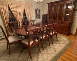 10 CHIPPENDALE SIDE CHAIRS                                                                                   
CUSTOM MADE REPRODUCTION TABLE(82" X 54" HAS 3-19"LEAVES AND EXTENDS TO 139"  OR 11"7!)                                                                                     
HICKORY CHAIR BREAKFRONT(2 PCS) 72"W x 86"H x 16"D